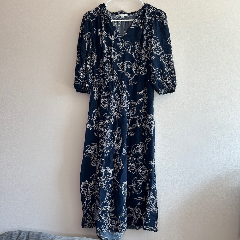 Ophelia Roe Blue and White Floral Puff Sleeve Dress